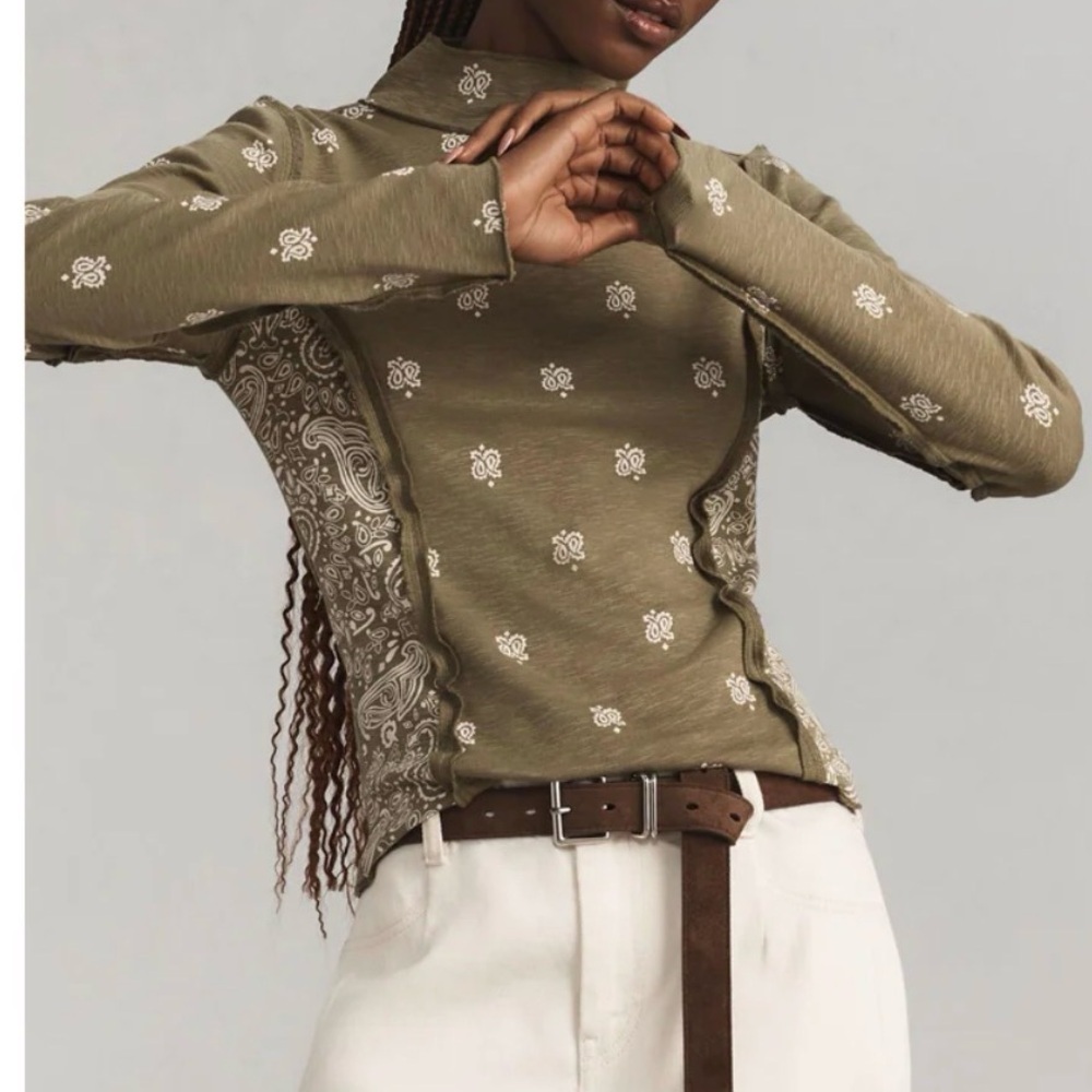 Pilcro Anthropologie Turtleneck Cotton Slub Side Panel Blouse Size XL